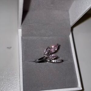 Silver Ring with Pink zirconia diamond leaf size 6